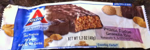 Atkins Advantage Peanut Fudge Granola Bar (allowed for all phases of the Atkins' diet, but note - contains sugar alcohols)