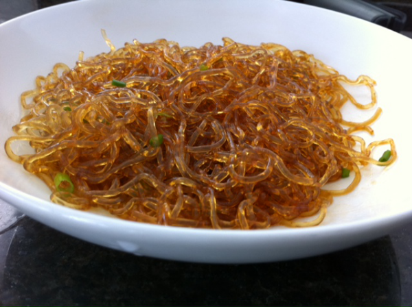 Kelp Noodles Microwaved with Soy Sauce, Sesame Oil, Garlic, and Chives