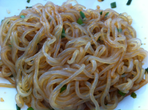 White Yam Noodles Microwaved with Soy Sauce, Sesame Oil, Garlic, and Chives
