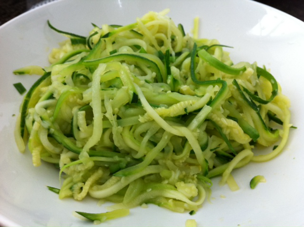 Zucchini Noodles Cooked with Olive Oil, Garlic and Chives