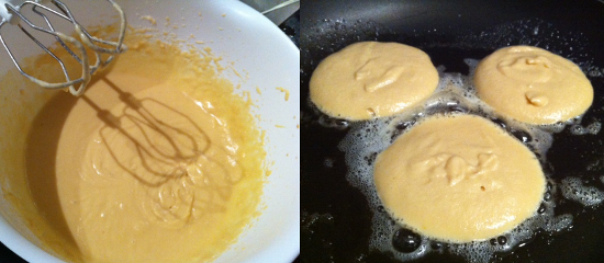 Low Carb Coconut Pancake Batter in Mixing Bowl and in Frying Pan