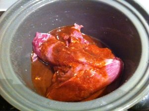 Raw 3lb Pork Butt in Slow Cooker with Zero Calorie BBQ Sauce and Seasoning